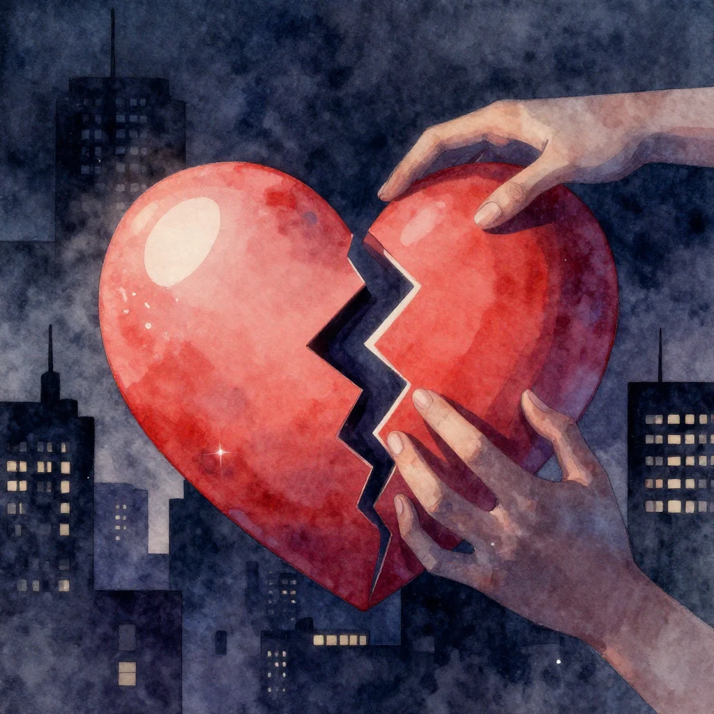 Vibrant watercolor style illustration of a broken heart agai...