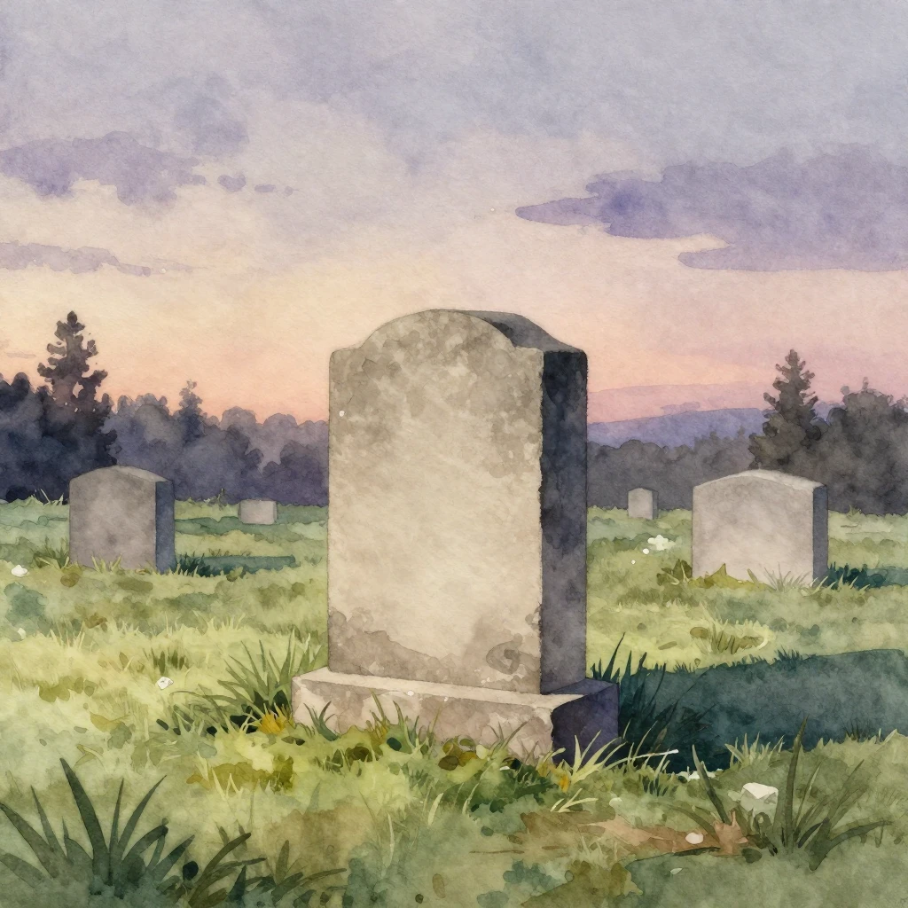 A peaceful, minimalist graveyard scene with a single, humble...