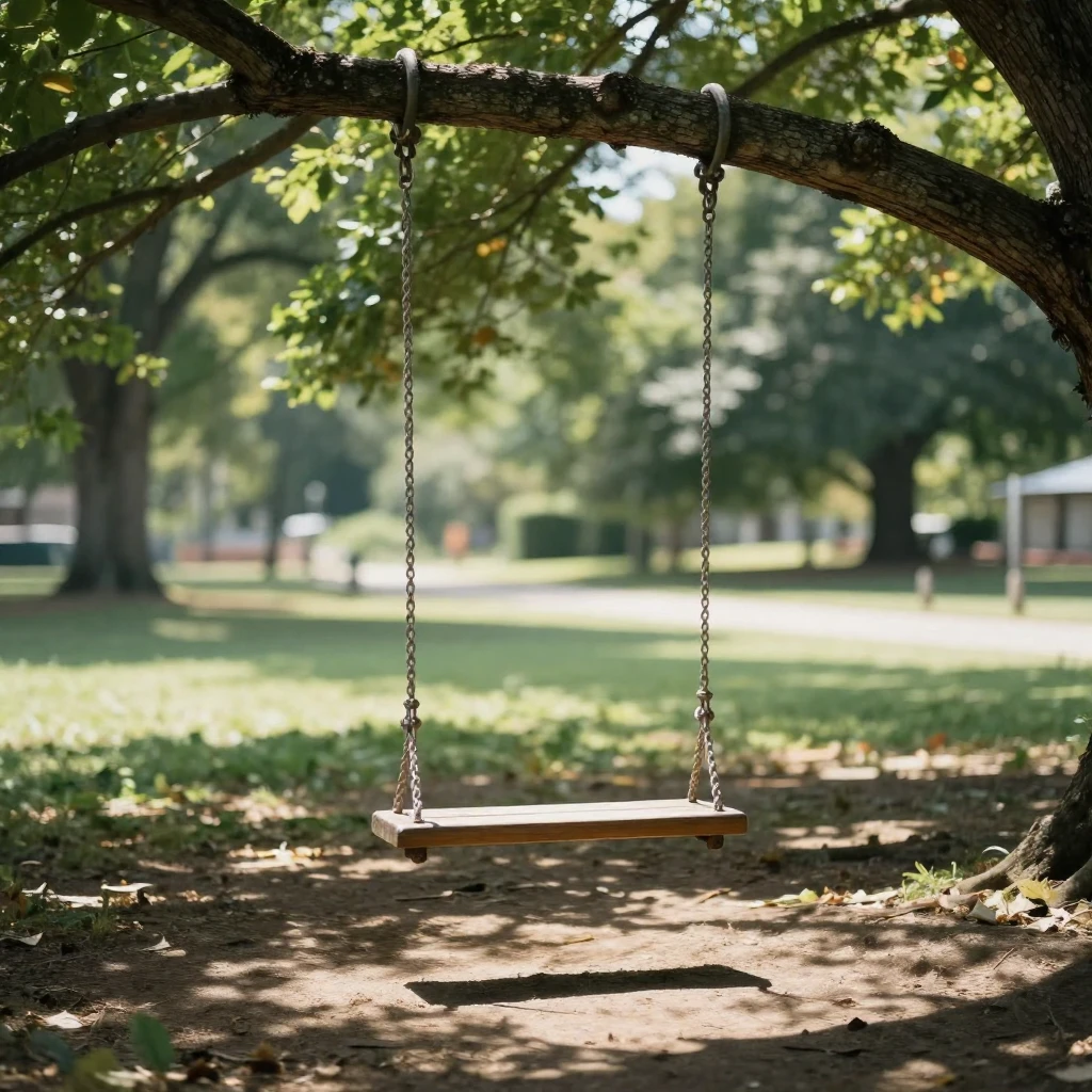 A wooden swing hanging from a sturdy tree branch in a park, ...