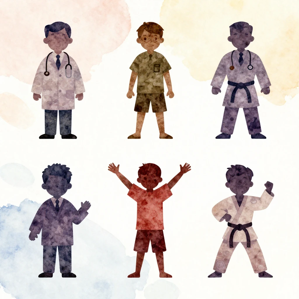 A silhouette of a child imagining various future careers lik...