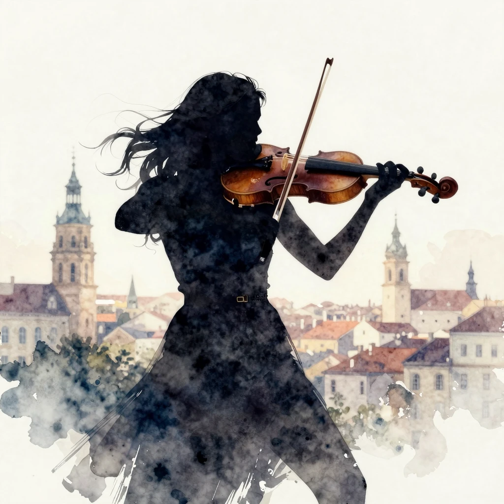 Watercolor style. A silhouette of a brave woman violinist, p...