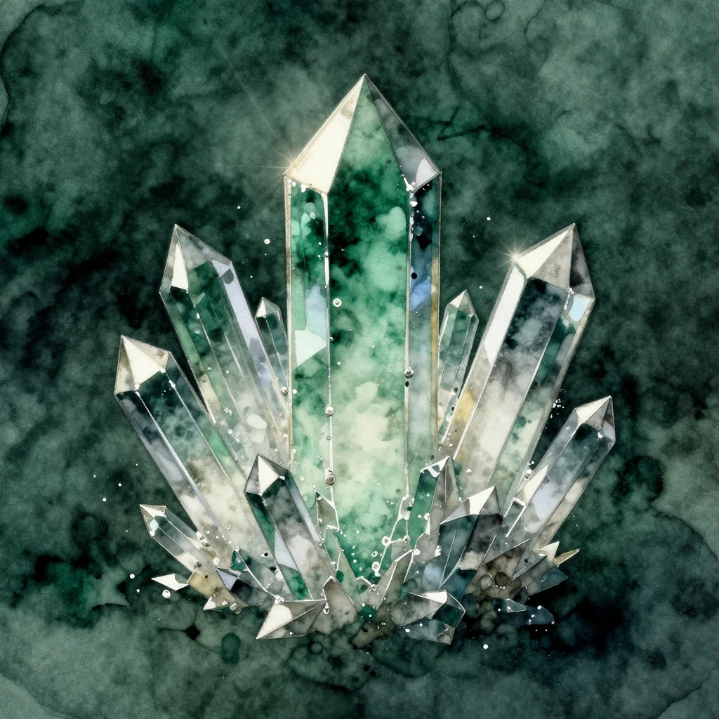 Watercolor style with deep emerald and silver colors. Light ...