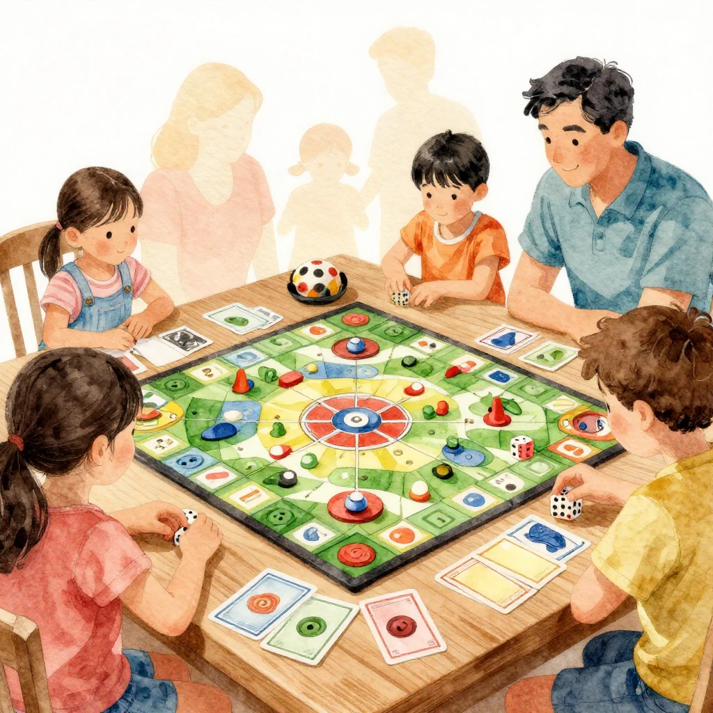 Watercolor illustration of a family playing board games. Foc...