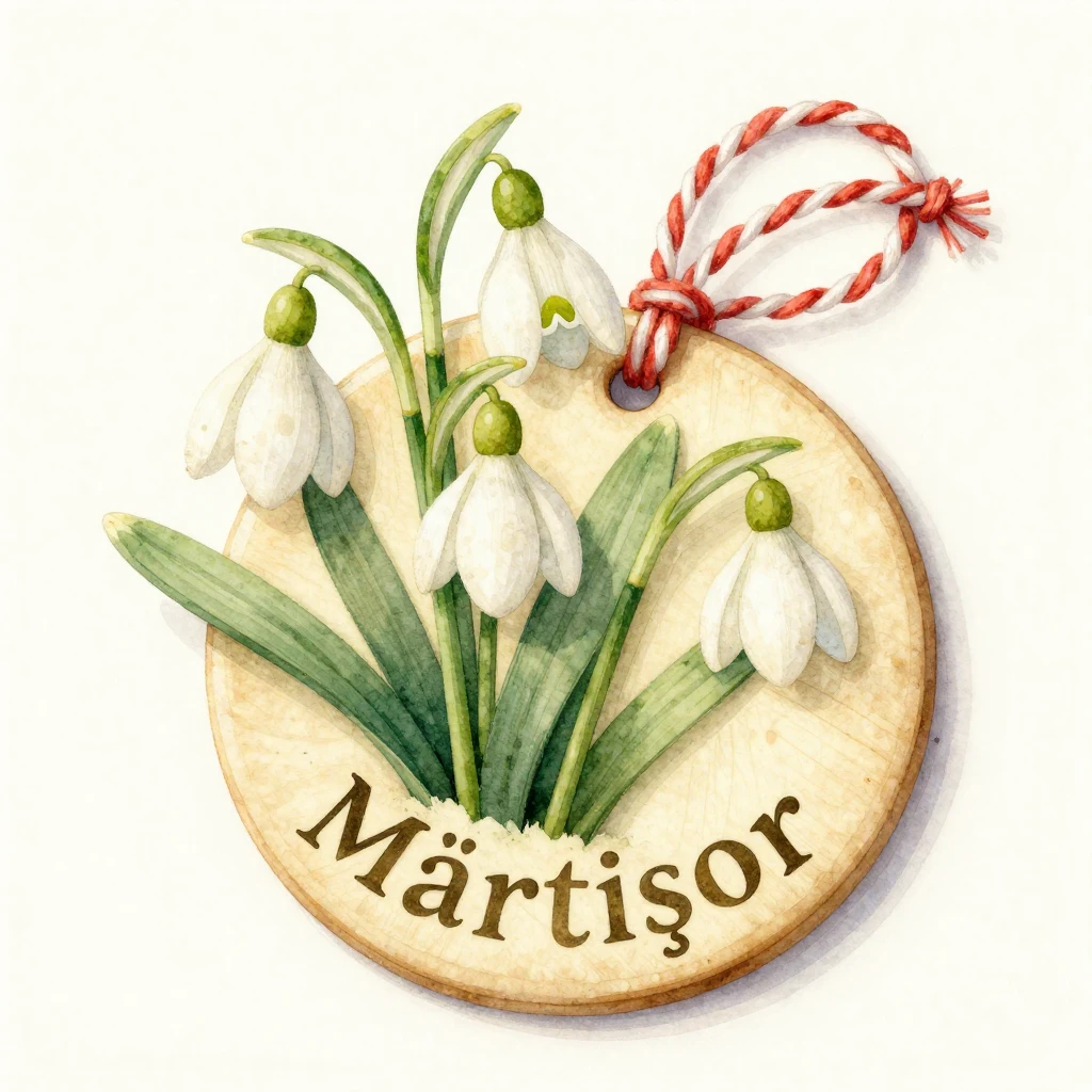 A whimsical watercolor illustration of a traditional Mărțișo...