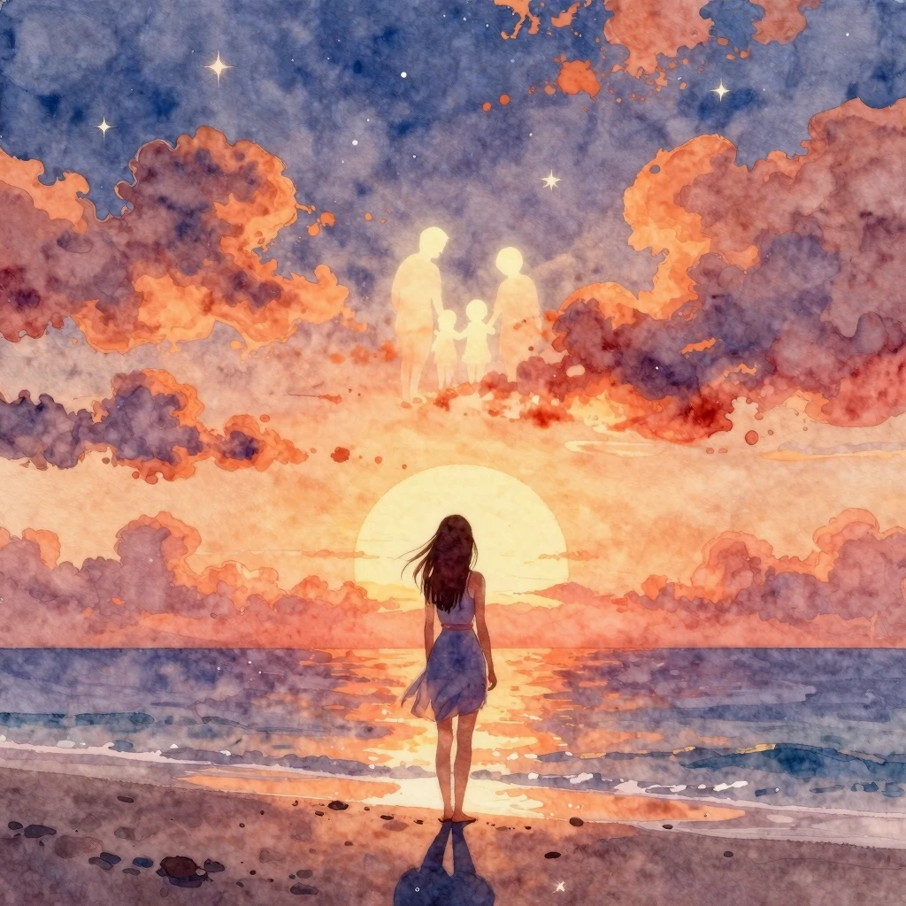 Watercolor painting of a silhouette of a woman standing on a...