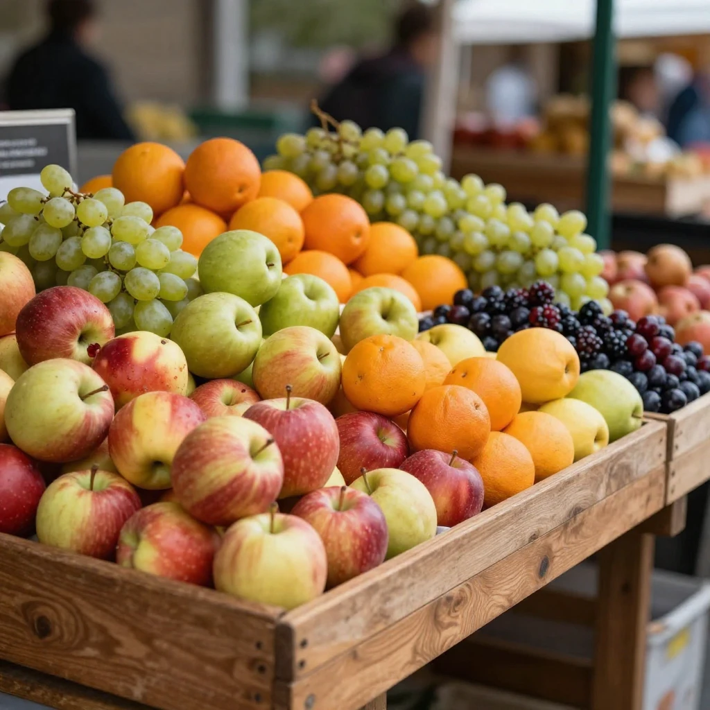 A rustic wooden market stall overflowing with a vibrant asso...