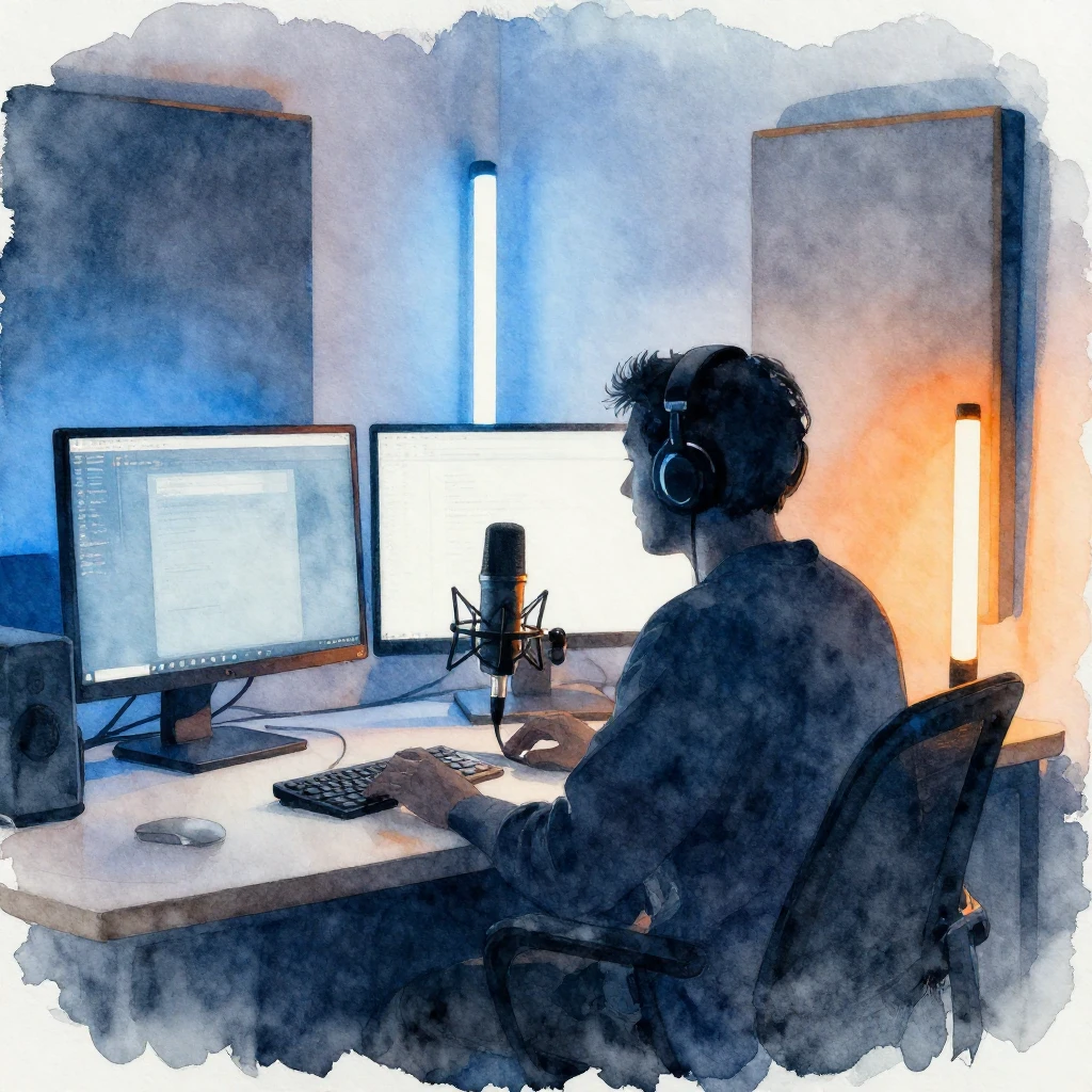A watercolor painting depicting a minimalist podcasting stud...