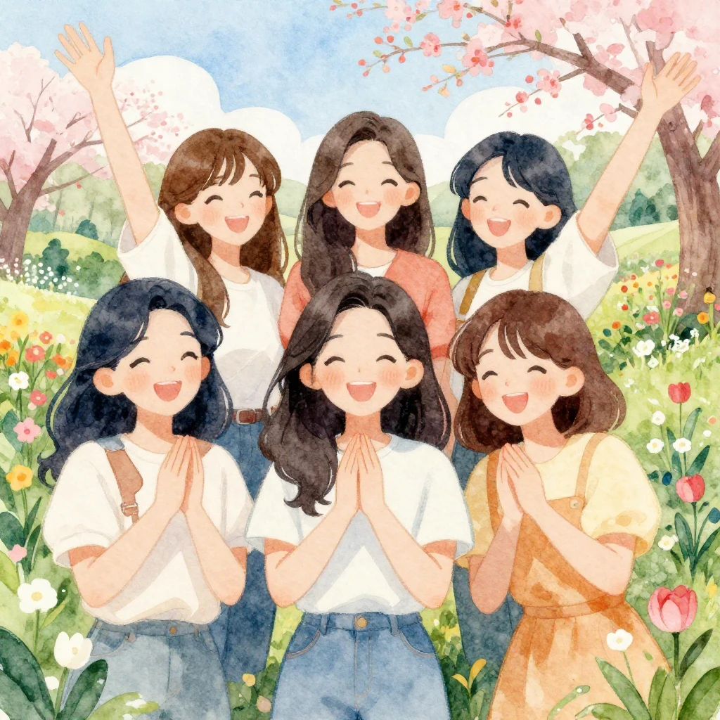 A joyful and celebratory K-pop style illustration in waterco...