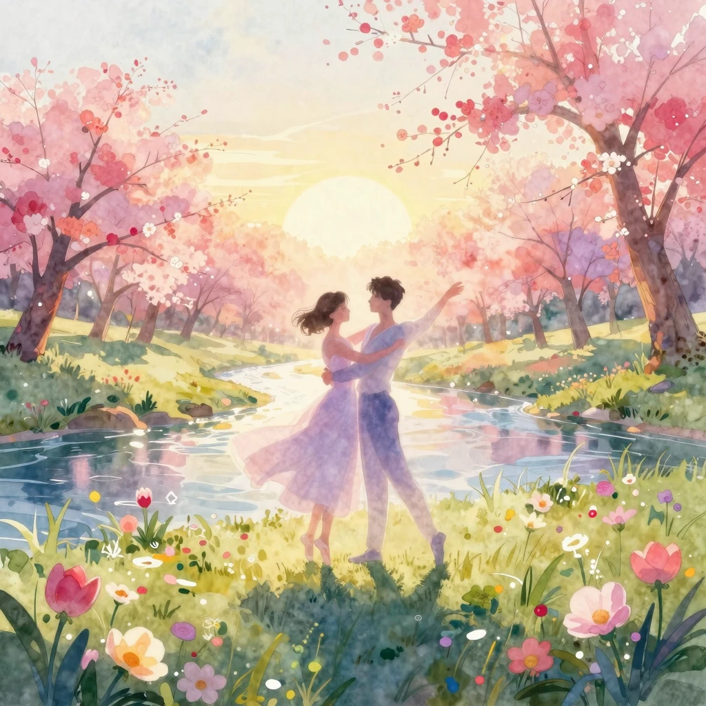 A serene, ethereal waltz scene with a silhouette of a person...