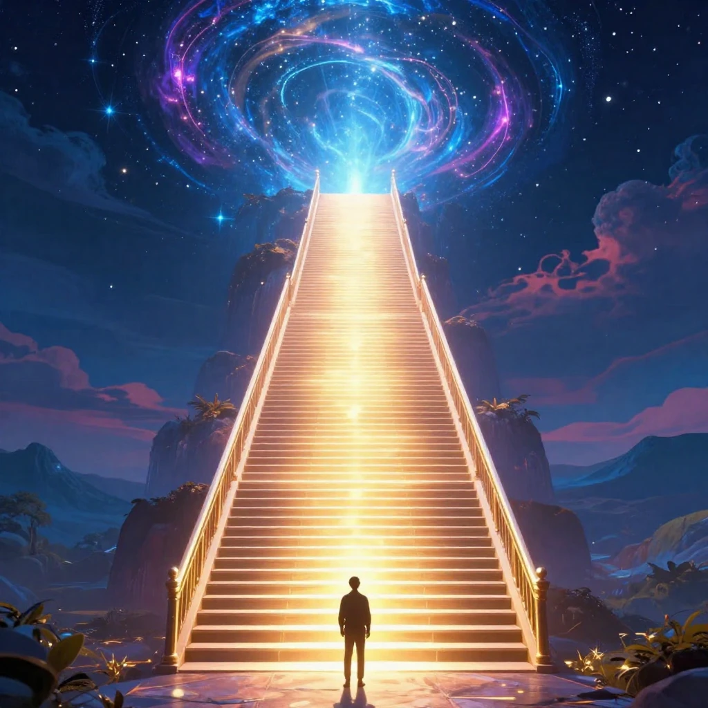 A grand, impossible staircase, glowing with light and energy...