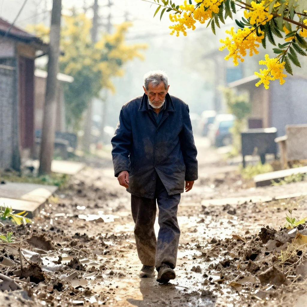 Vibrant watercolor style. A silhouette of an elderly man wal...