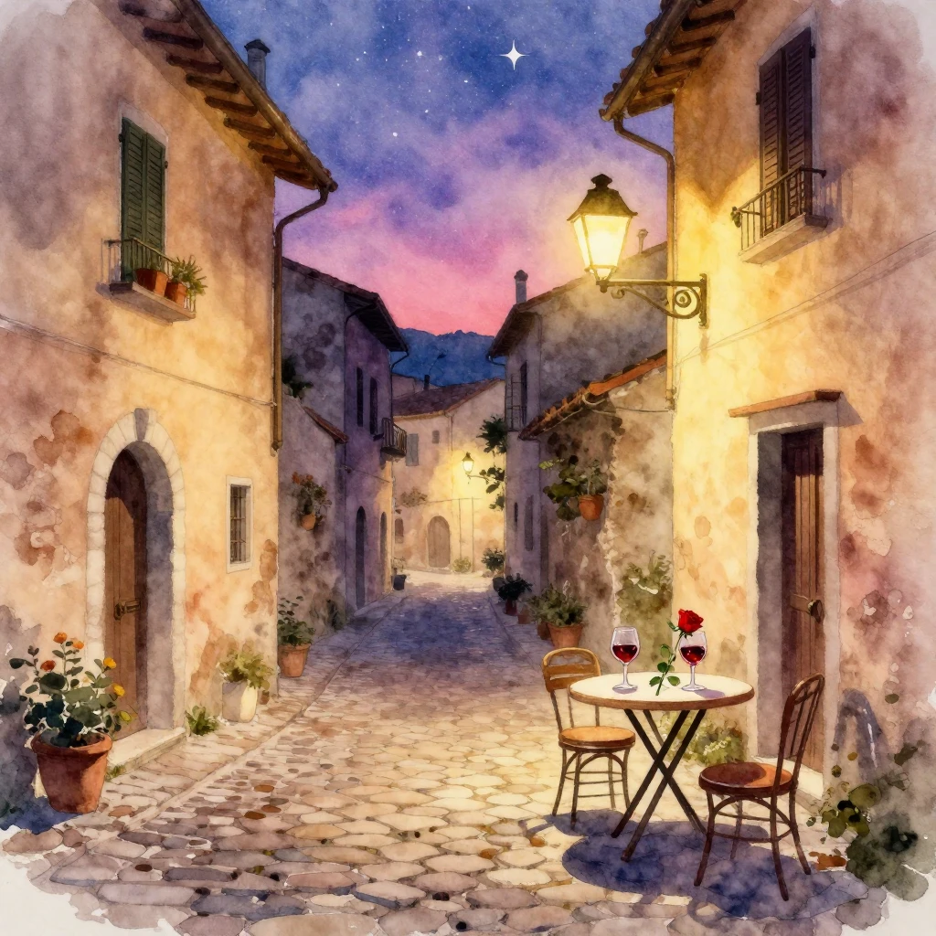 A romantic watercolor painting of a cobblestone street in an...