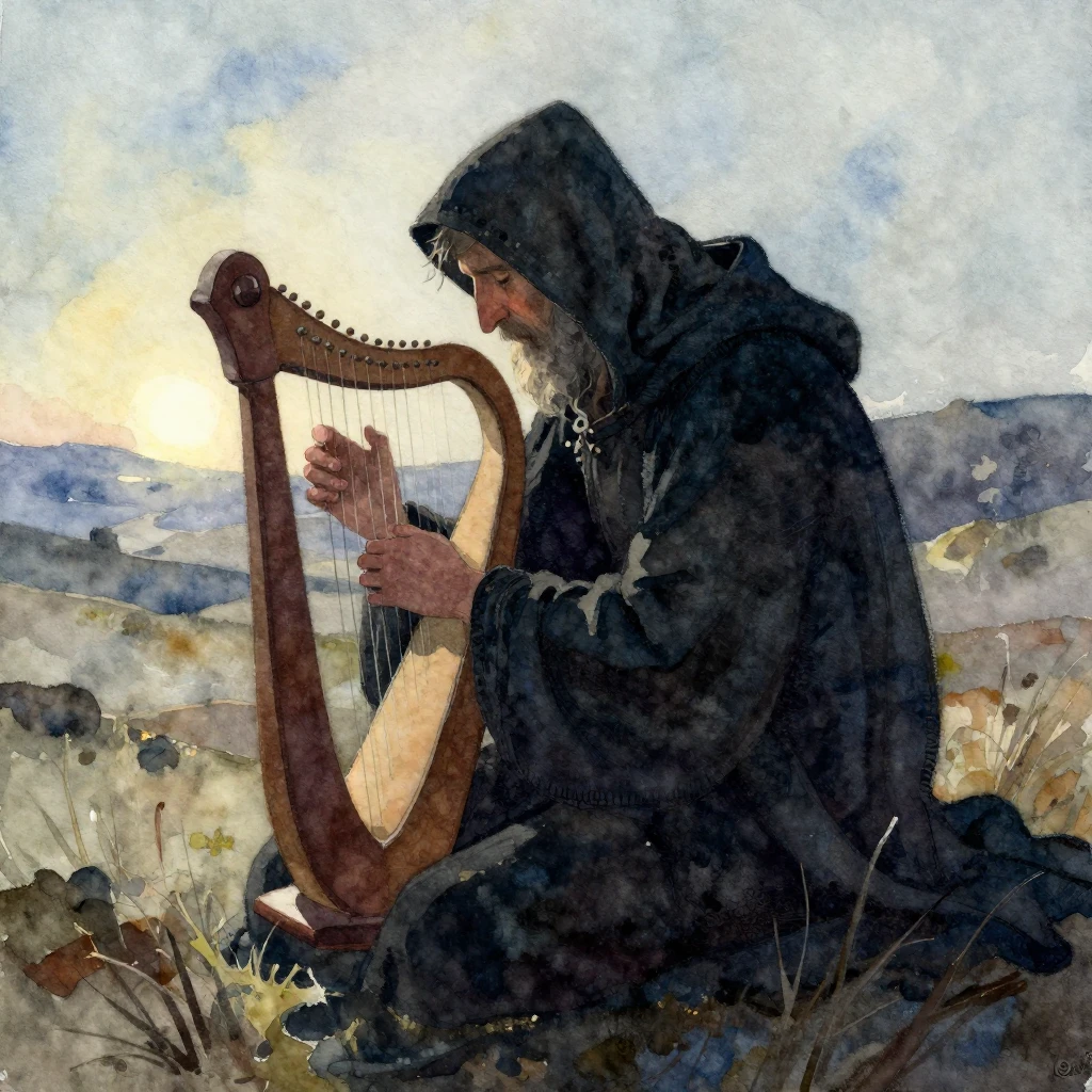 A shadowy figure of an old bard, hunched over a broken lyre,...