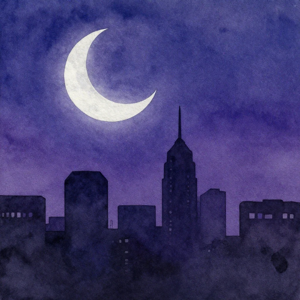 Watercolor style. A dark city skyline silhouette with a lo-f...