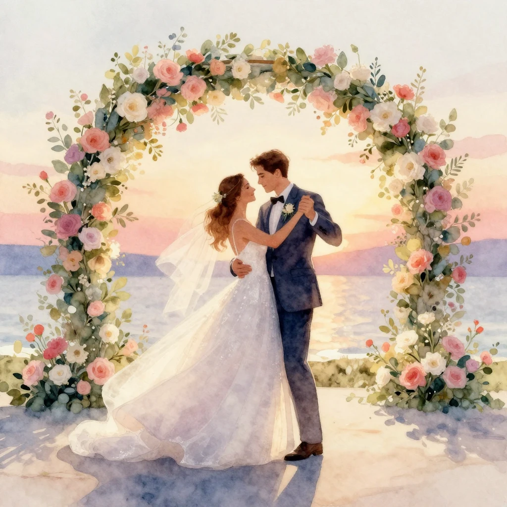 Watercolor painting of a bride in white dress and groom danc...