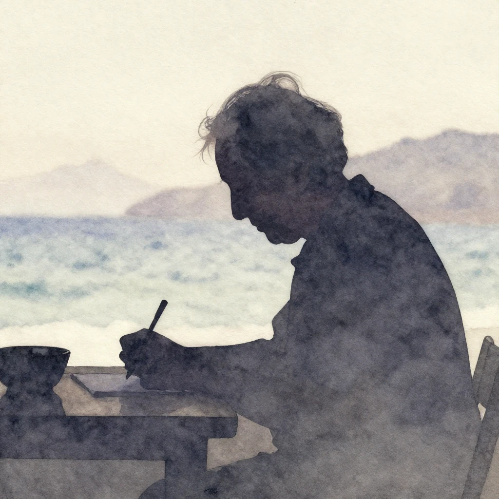 A watercolor silhouette of an elderly person, perhaps writin...