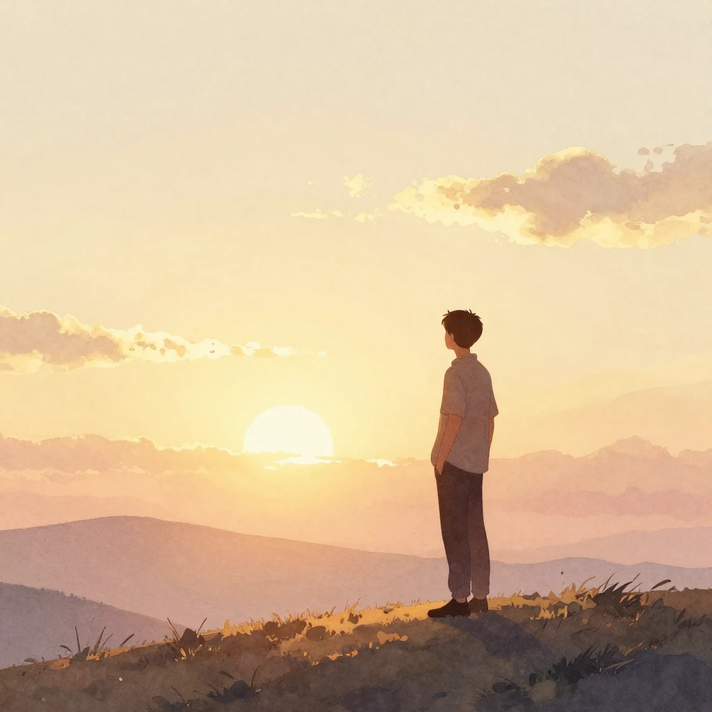 A warm, glowing silhouette of a young man standing on a hill...