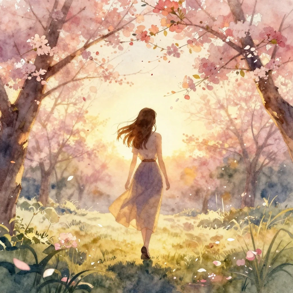 A watercolor painting depicting a silhouette of a graceful w...