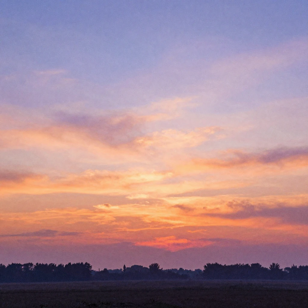A serene landscape at dusk, with a vibrant sky displaying so...