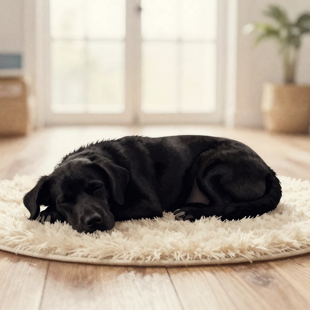 A silhouette of a dog sleeping peacefully on a soft rug in a...