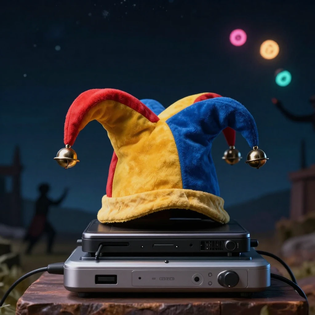 A brightly colored medieval jester hat, with its distinctive...