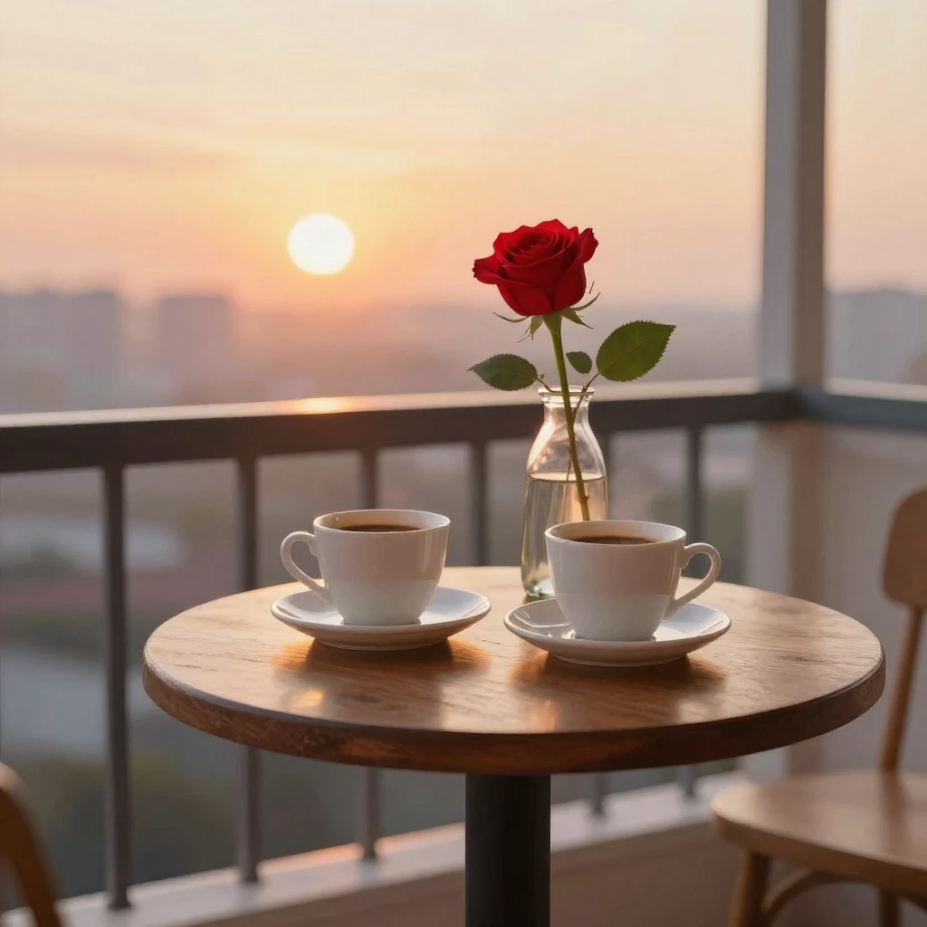 A small round wooden table on a balcony with two cups of cof...