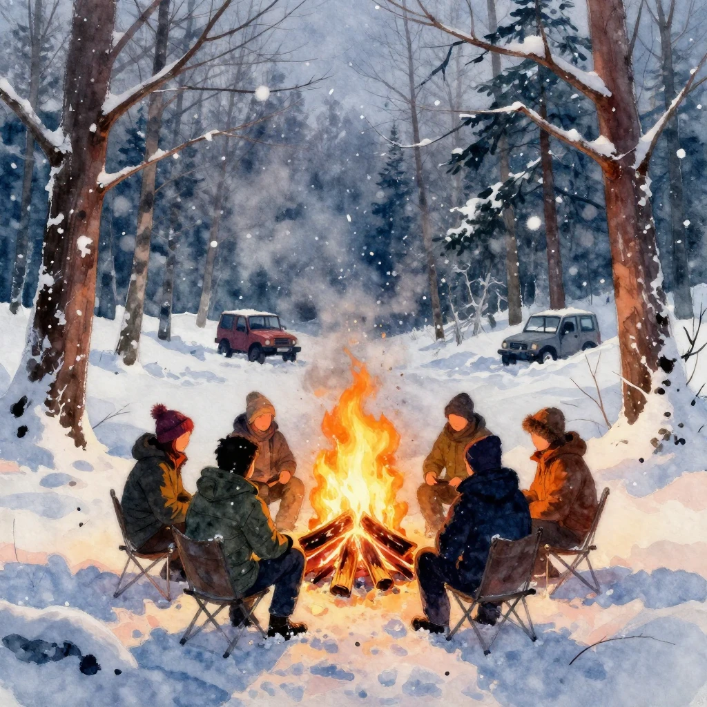 A vibrant watercolor painting of a warm campfire glowing bri...