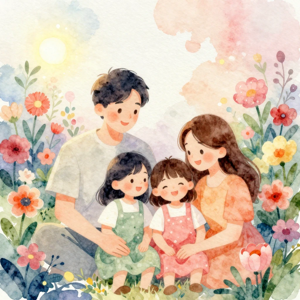 A vibrant watercolor illustration depicting elements of fami...