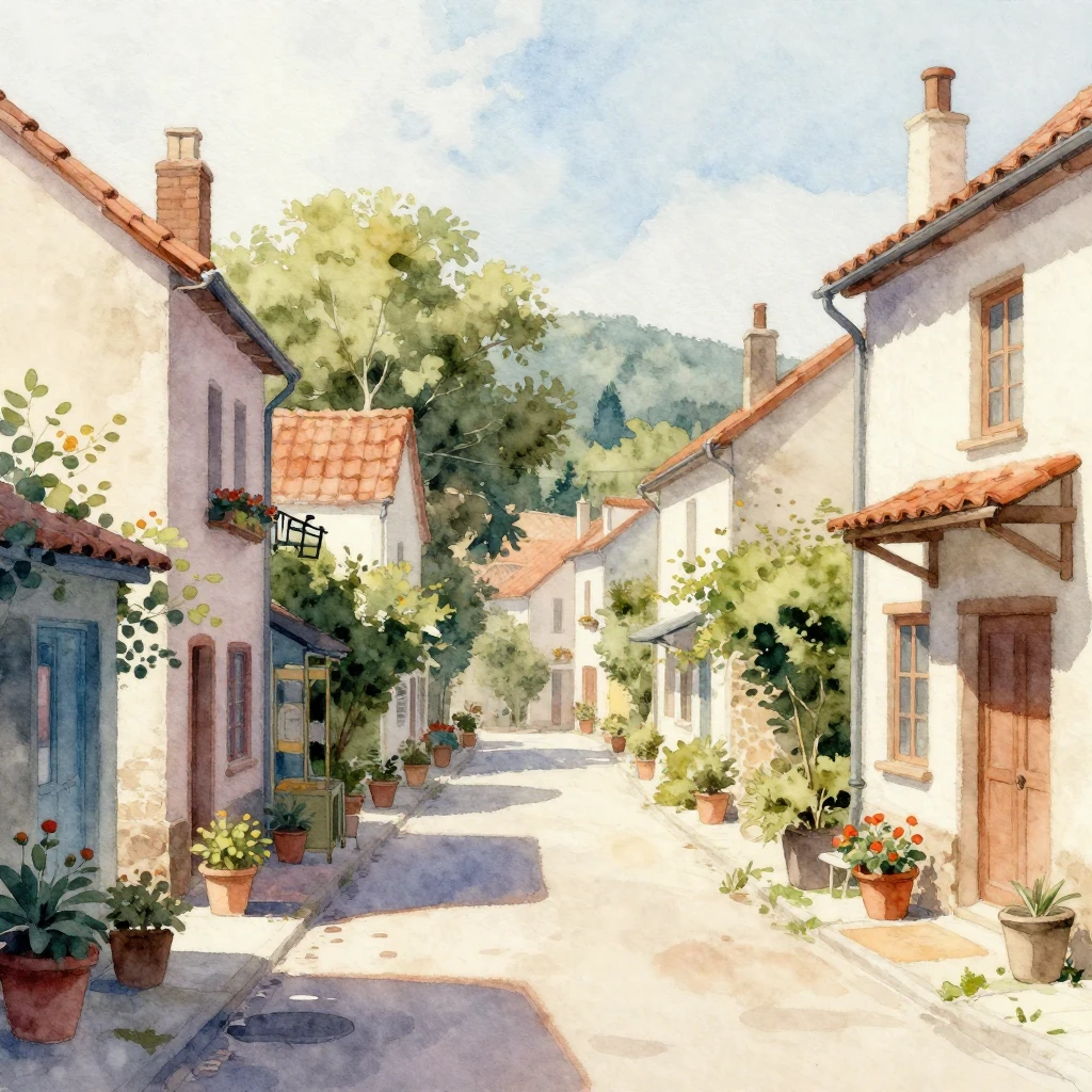 A vibrant watercolor painting depicting a cozy, quiet small ...