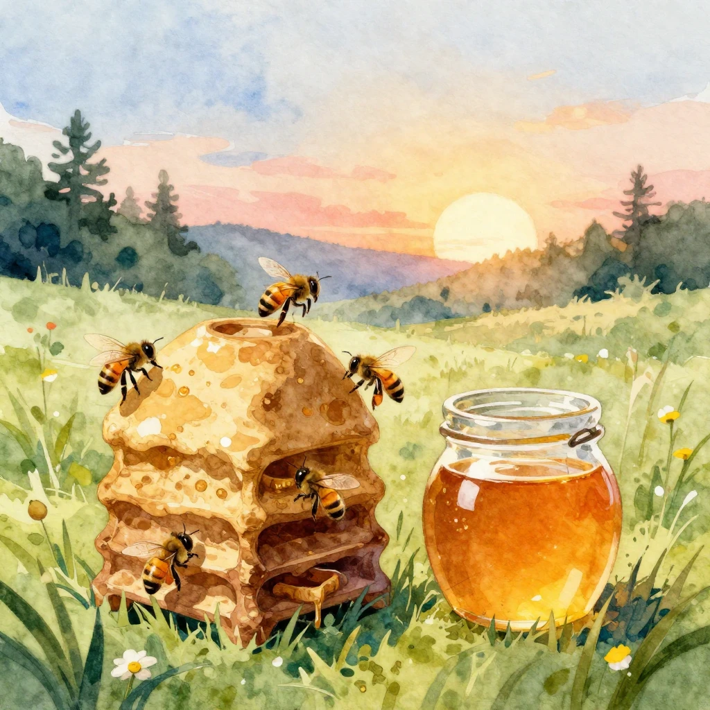 Vibrant watercolor style. In the foreground, a stylized beeh...