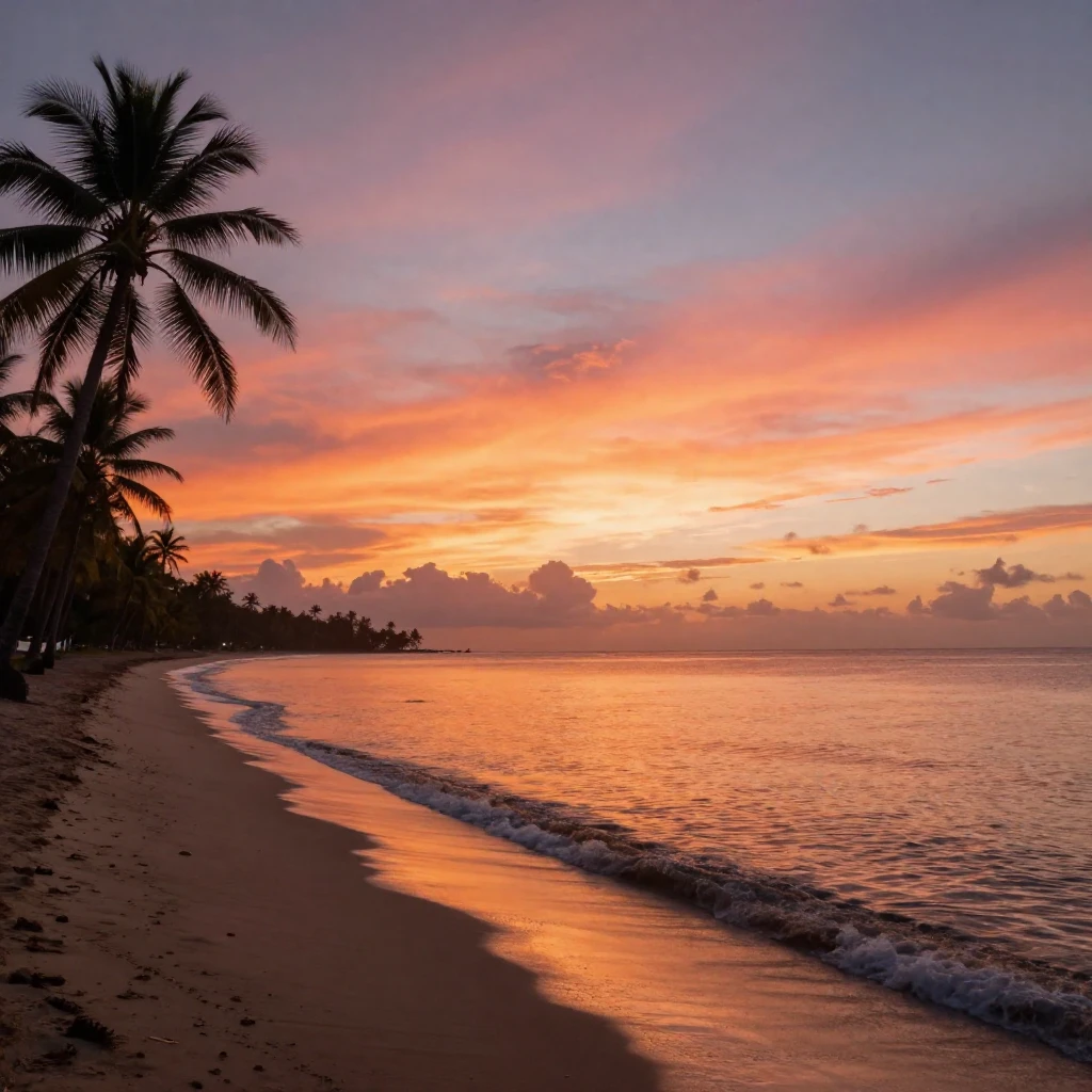 A vibrant tropical beach at sunset, with warm orange and pin...