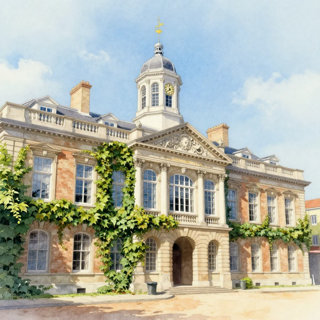 A detailed watercolor painting of a classical old school bui...