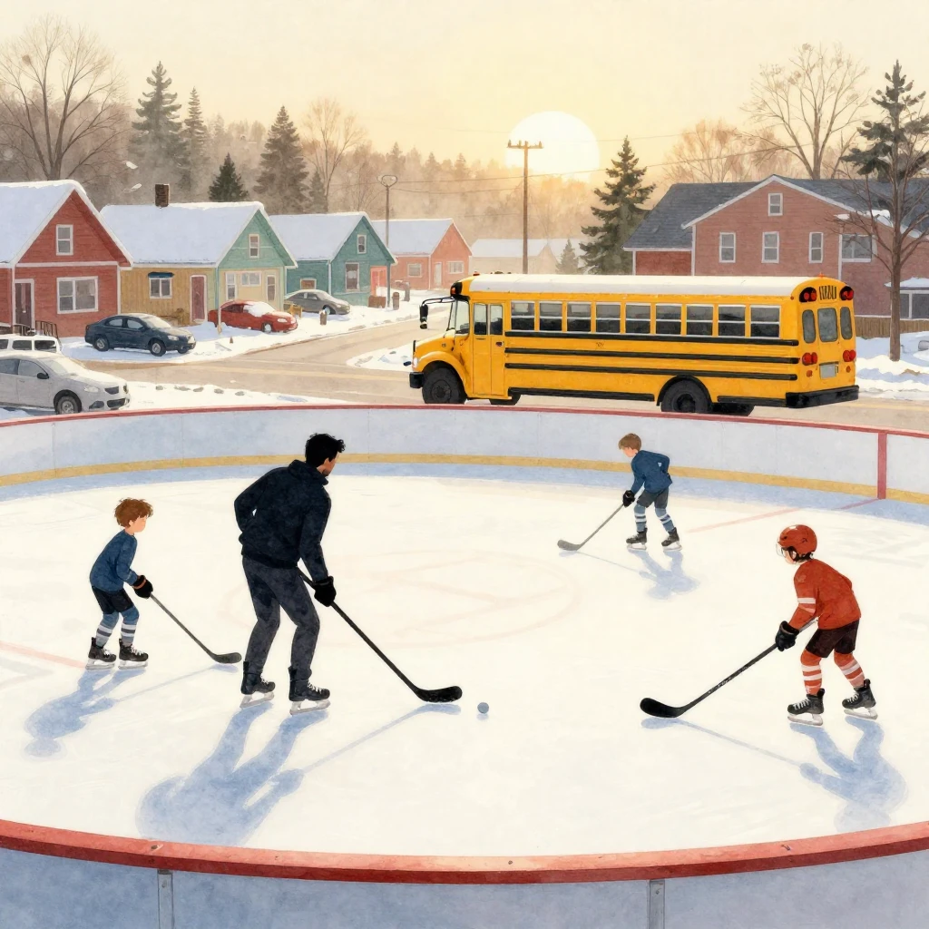 A community hockey rink at sunrise, with a silhouette of a m...
