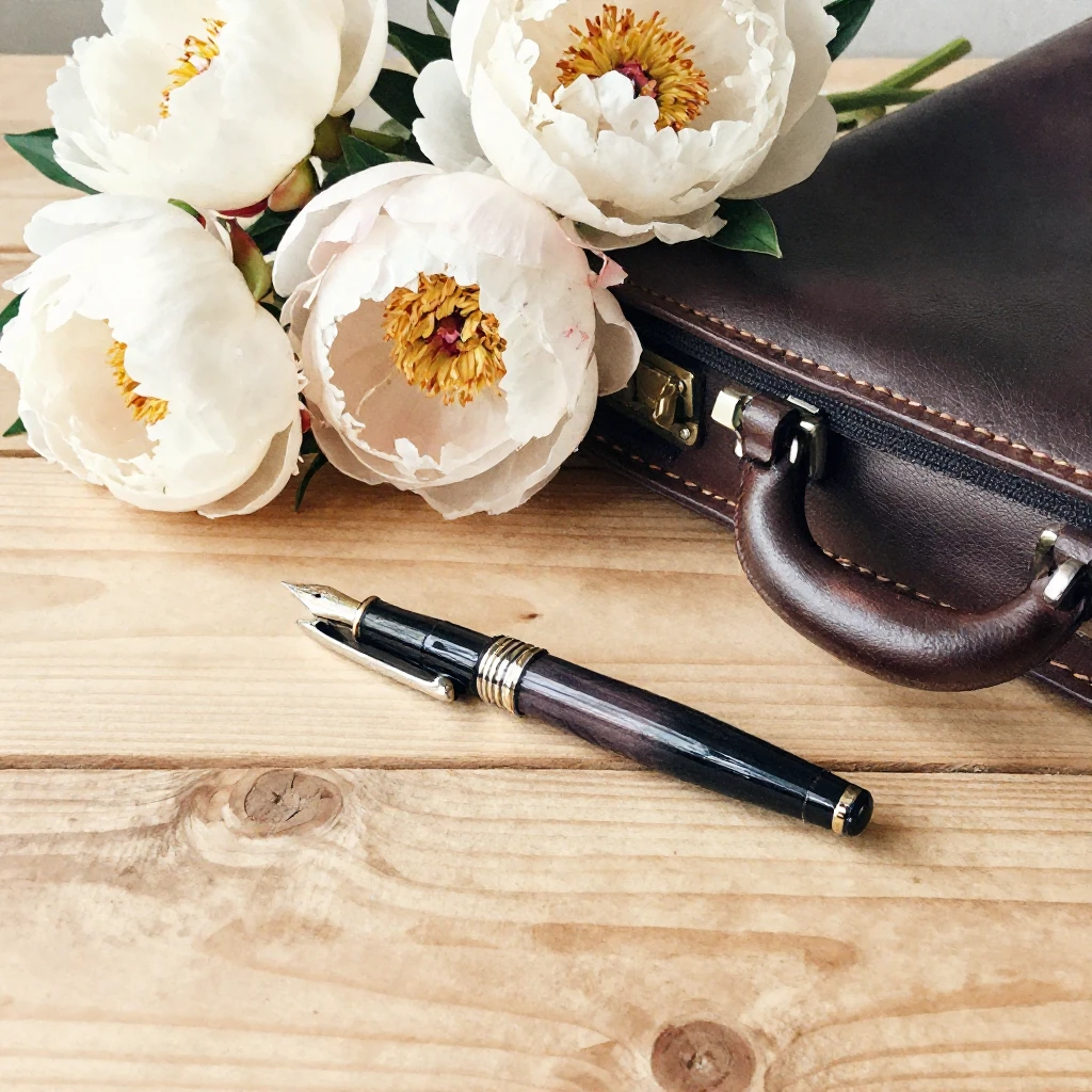 An elegant fountain pen and a fragment of a stylish leather ...