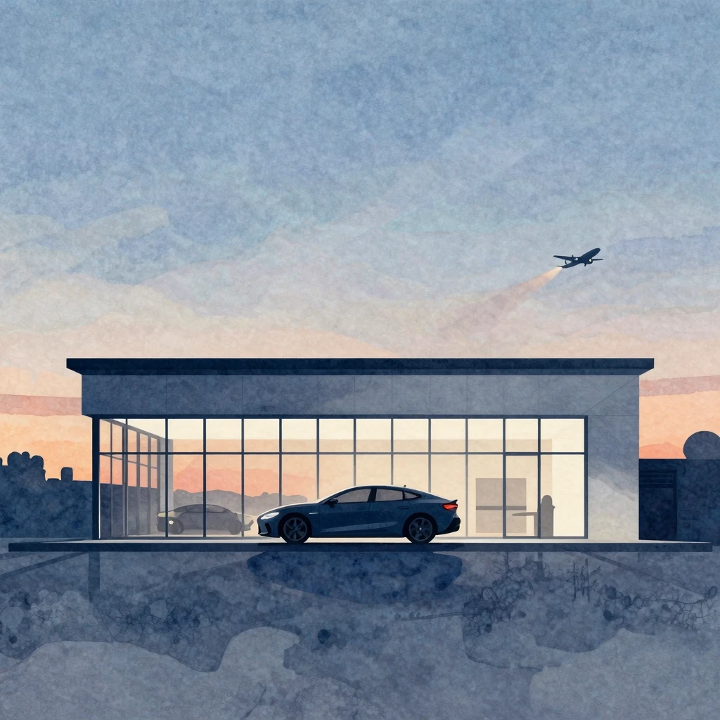 Watercolor style. A sleek modern car dealership building sil...
