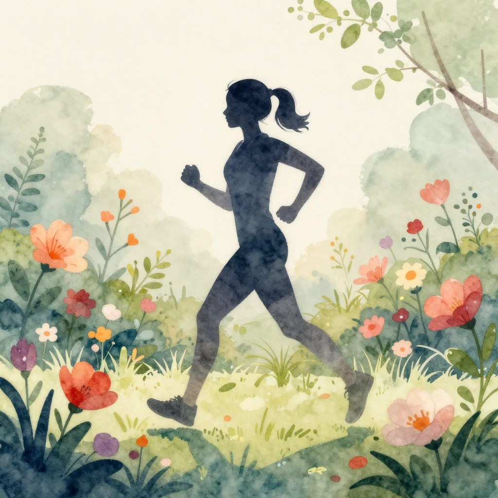 Watercolor style. A silhouette of an active woman jogging th...
