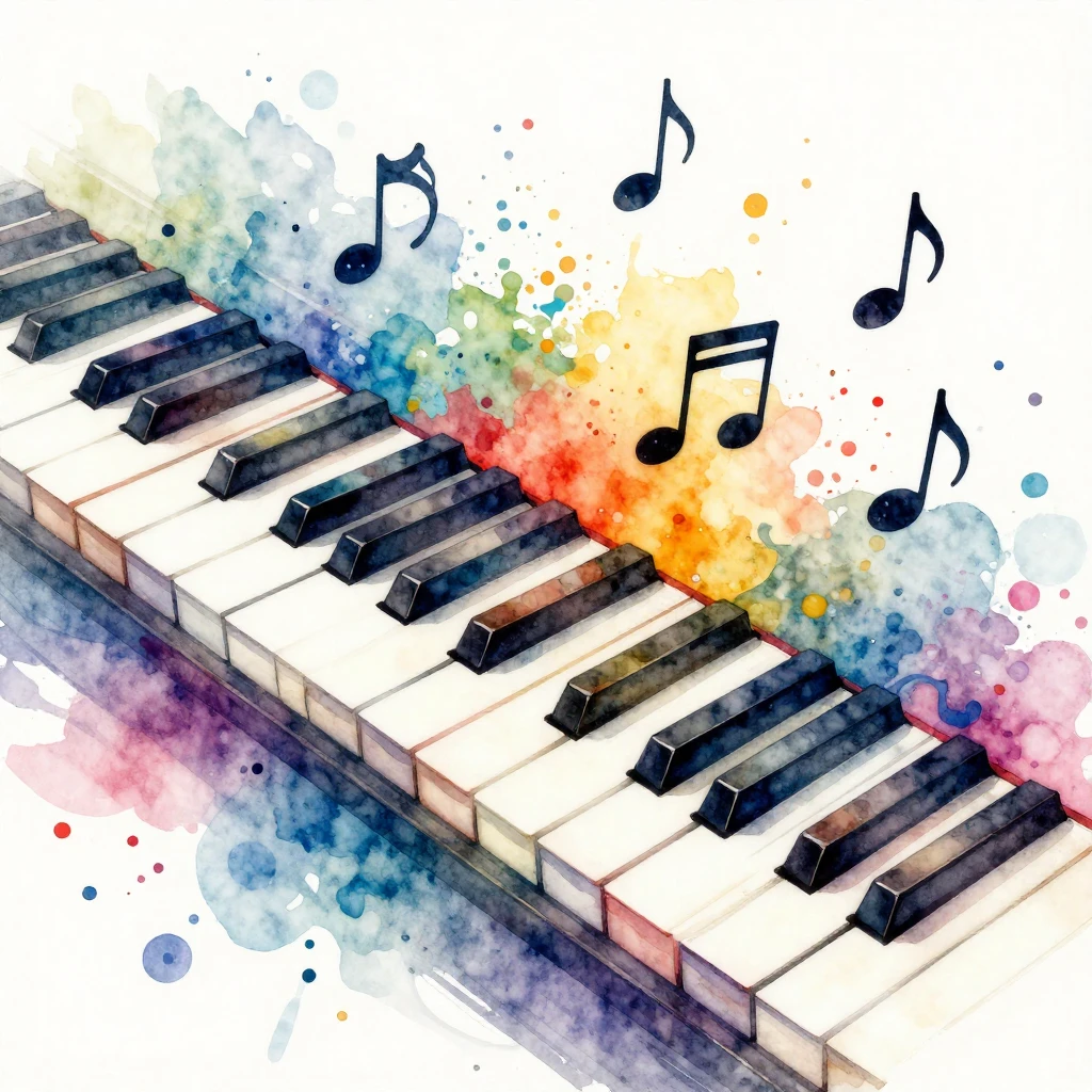 a vibrant watercolor illustration of a piano keyboard where ...