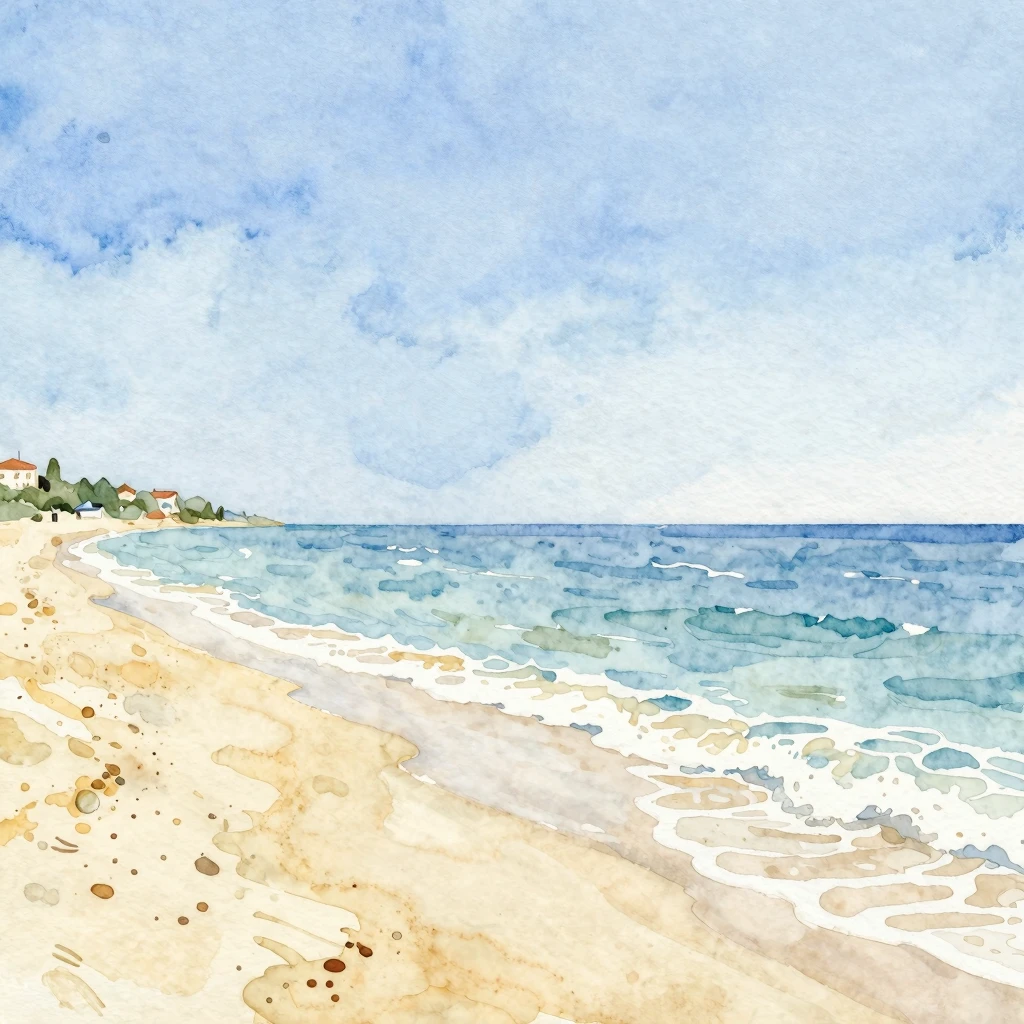 Watercolor painting of a sunny beach in Bulgaria, soft blue ...