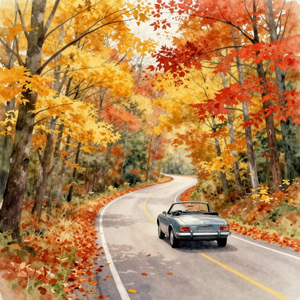 A watercolor painting depicting a winding country road throu...