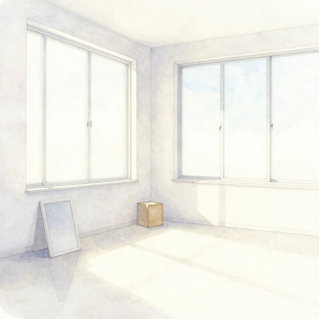 A watercolor painting of a minimalist, bright room with larg...