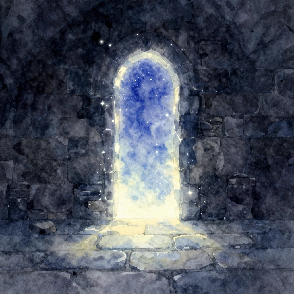 A glowing magic portal on a stone floor in a dark room, wate...