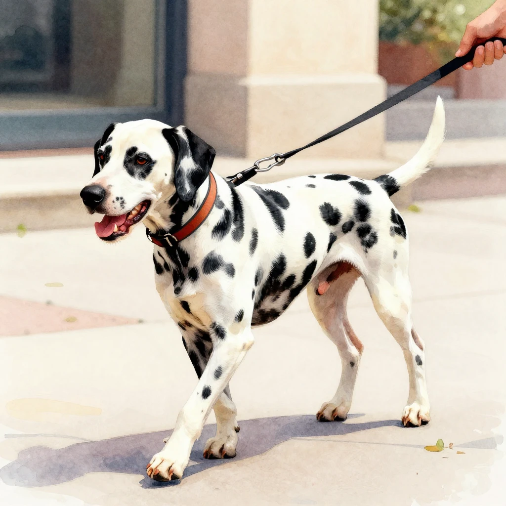 A dalmatian dog on a leash, walking calmly or playfully in a...