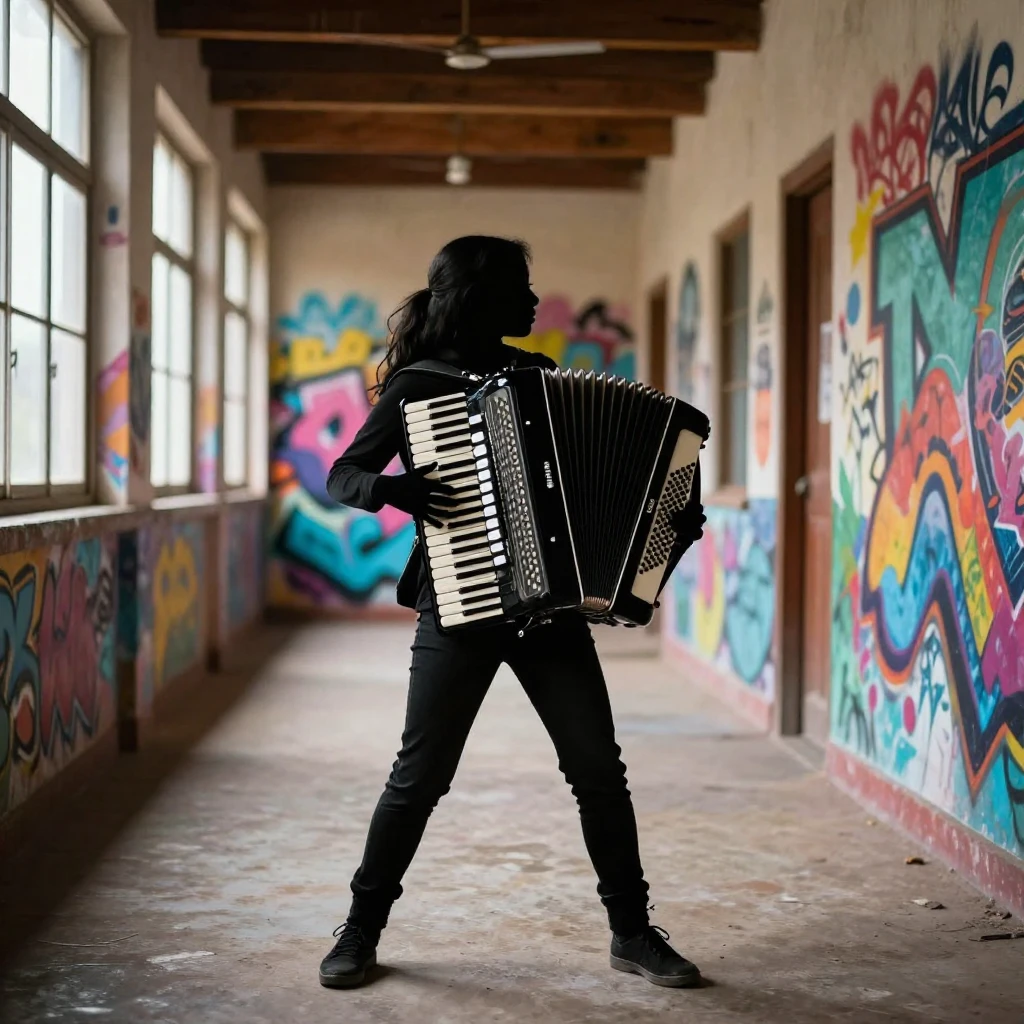 A silhouette of a girl playing a button accordion in a rural...