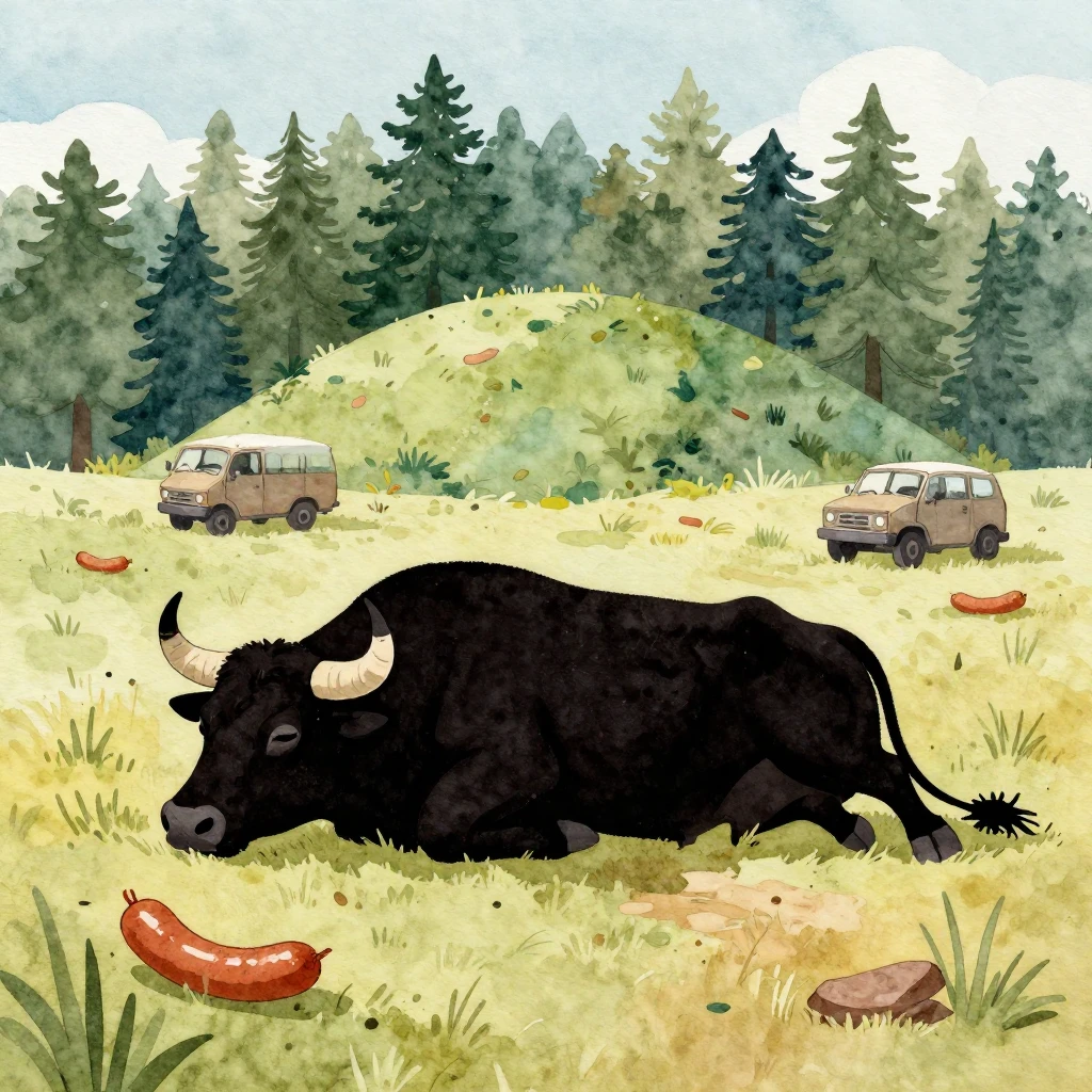 A lazy, sleepy bull silhouette, dreaming of sausage and a fo...