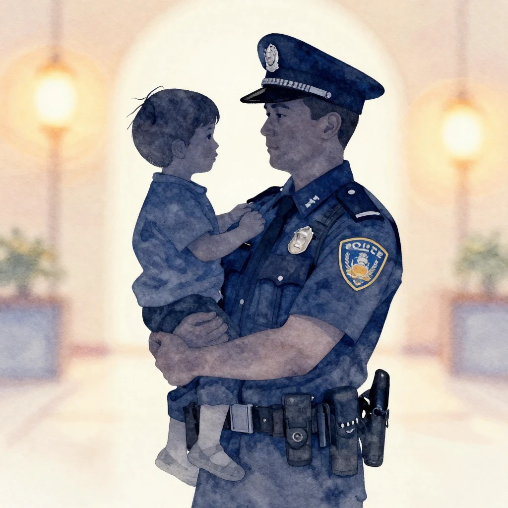 A watercolor silhouette of a police officer in uniform cap, ...