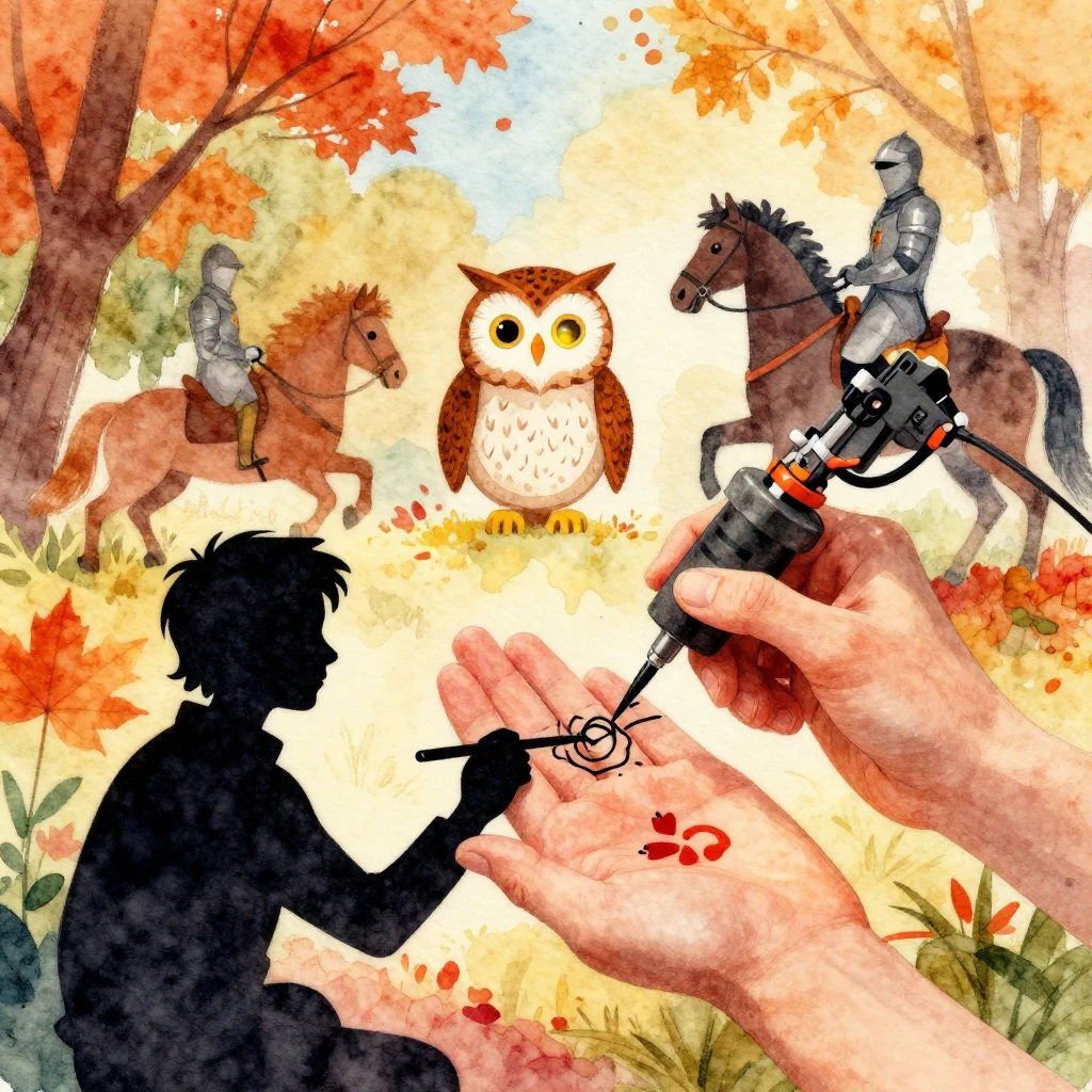 Vibrant watercolor style. Warm autumn day, a silhouette of a...