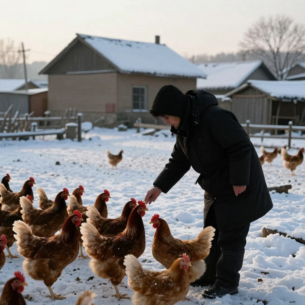 A person in silhouette feeding chickens in a snowy farmyard,...