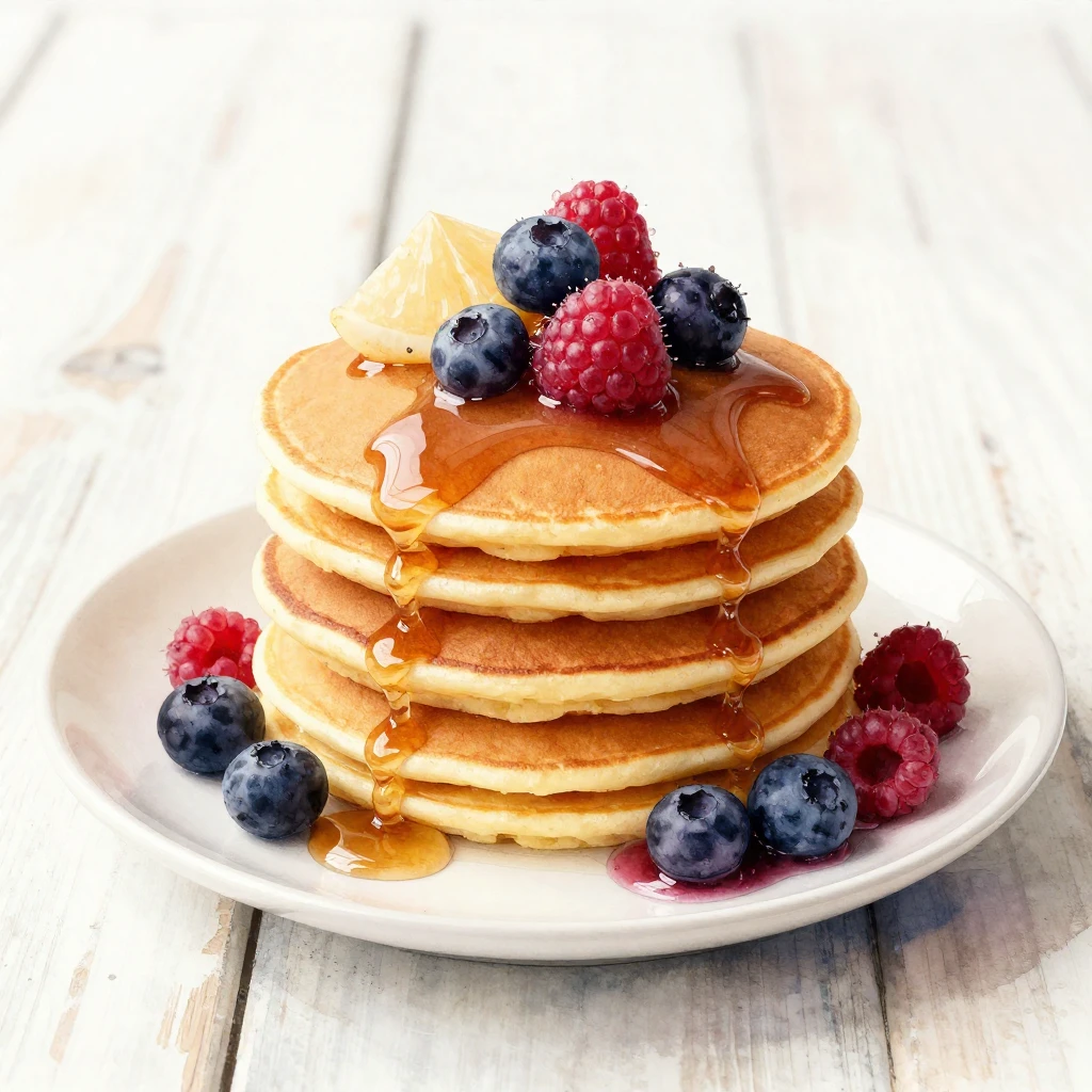 A stack of golden-brown pancakes with a variety of sweet top...