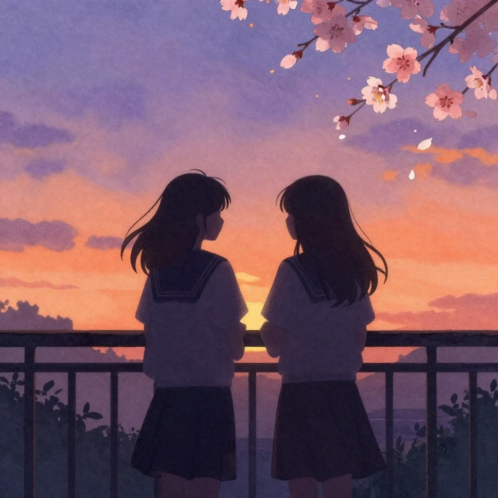 Watercolor painting of two girls' silhouettes standing close...