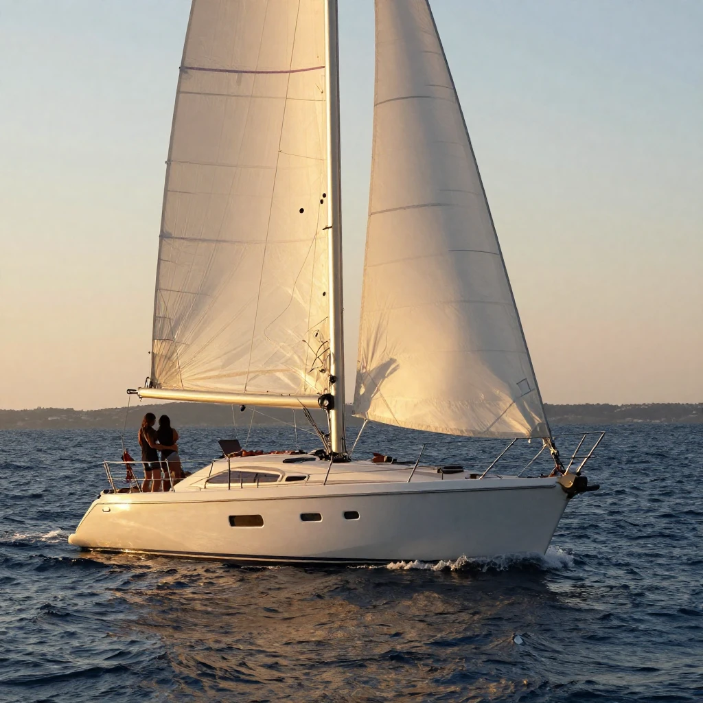 A white yacht sailing on a calm blue sea at sunset. A couple...